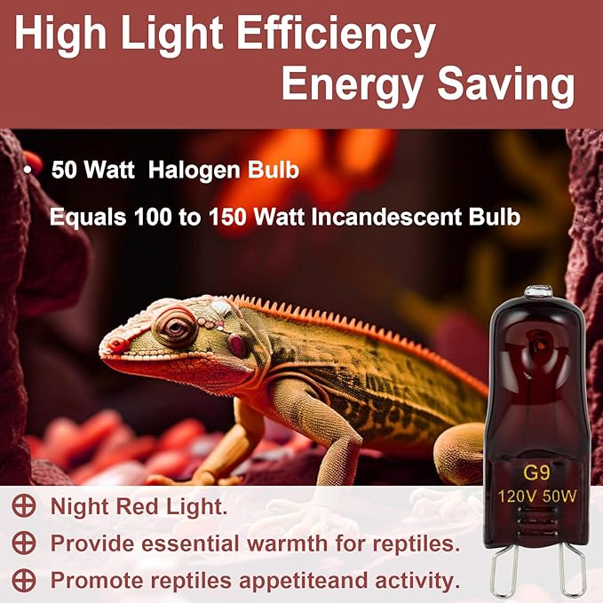 G9 Heat Lamp Bulbs for Reptile,Night Red, Mini Halogen Bulb 50W, Infrared Reptile Heat Lamp for Bearded Dragon Gecko Turtle Lizard, Pack of 3