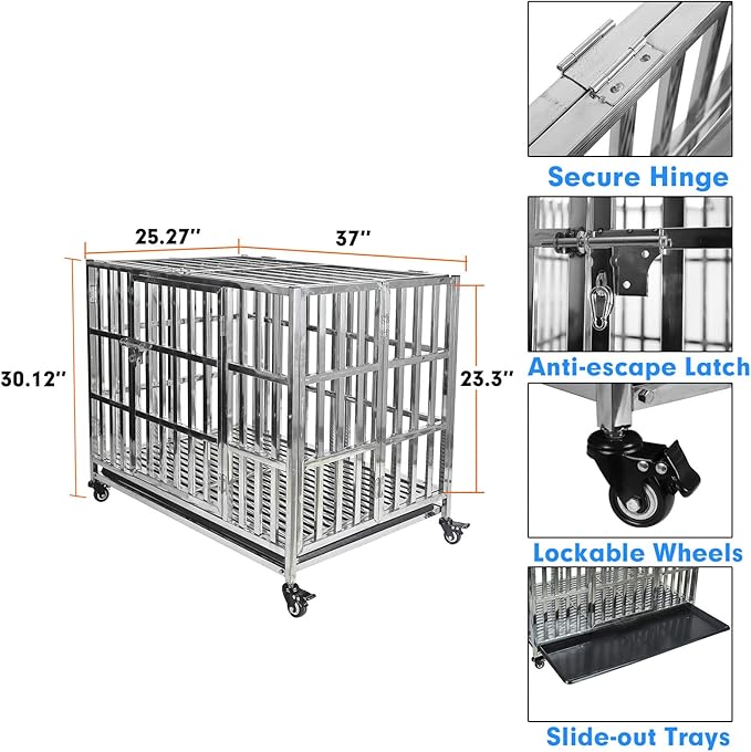 37 Inch Heavy Duty Dog Crates for Meduim Dogs, Stainless Steel Indestructible Small Dog Kennel Indoor, Puppy Dog Cage with Lockable Rolling Wheels, Double Door and Removable Tray (Stackable)