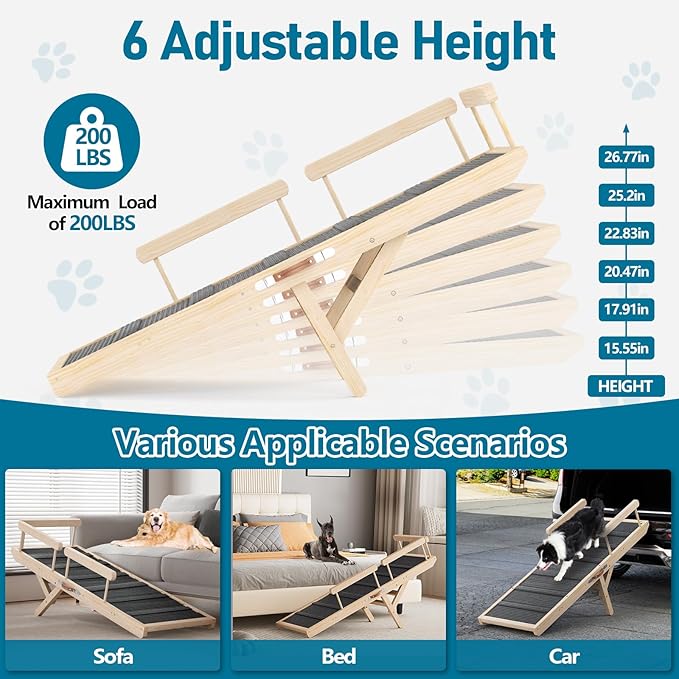 Tresbro Dog Ramp for Bed, 6 Level Adjustable 15.55'' to 26.77'' Dog Ramps with Anti-Slip Carpet & Side Rails, Portable Dog Ramp Holds up to 200LBS for Small Medium Large Dogs to Get on High Bed, Sofa