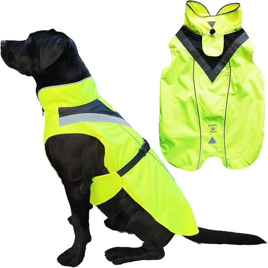 Dog Rain Coat - Waterproof, Reflective, Bright Yellow with Harness Hole (S, Yellow)