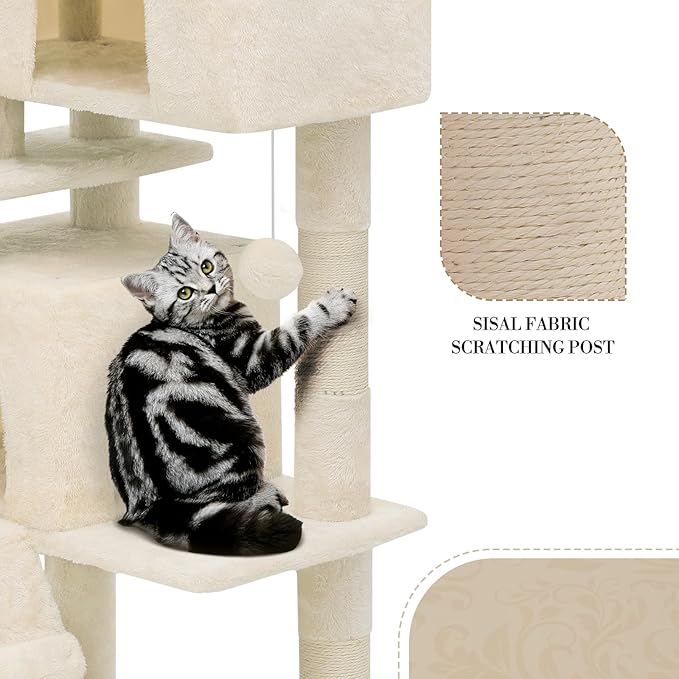 Athena Collection Modern Cat Tree Tower, 77 Inch Tall Cat Tree Climbing Tower with Scratching Post 2 Condo Multi-Level Activity Center and Playing Ball for Indoor Large Adult, Beige