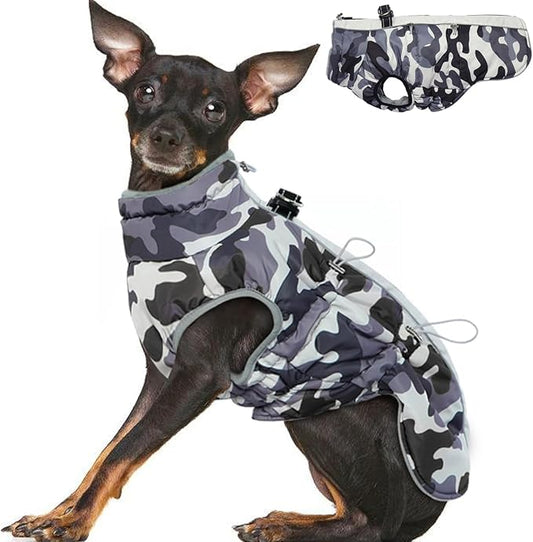 DawnPetco XS Winter Jacket, Dog Snowsuit Zip-Up Vest, Reflective Water-Resistant, Grey-Camouflage, for Chihuahua, Teacup & Puppy