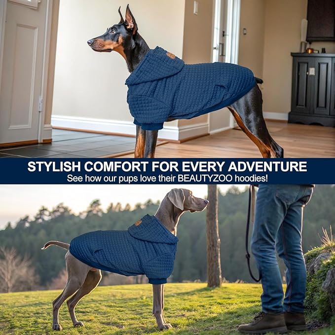 BEAUTYZOO Small Dog Hoodie Sweater with Pockets, Dog Clothes for Small Medium Dogs Boy Girl, Waffle-Like Laminated Cotton Pet Coats with Hat and Leash Hole, Navy Blue L