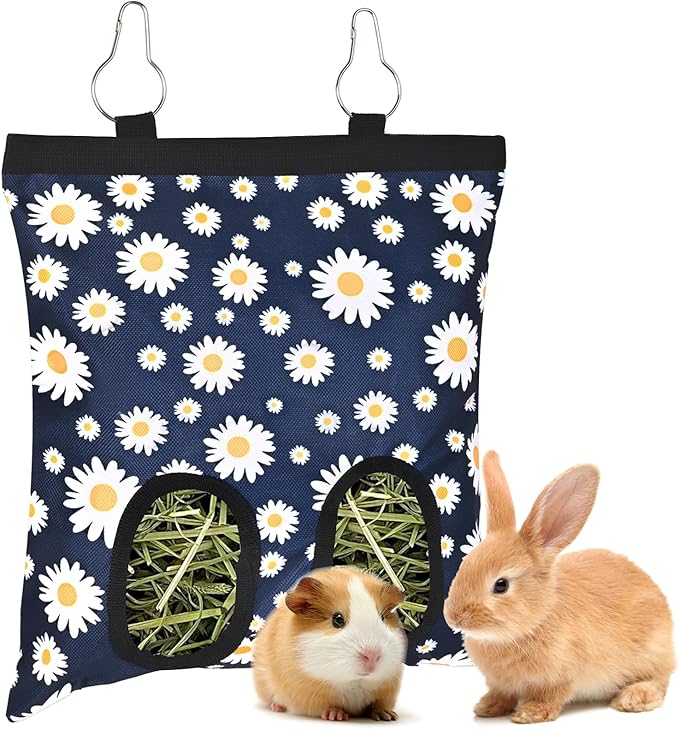 Upgraded Rabbits Hay Feeder Bag for Bunny, Guinea Pigs, Chinchillas - Hanging Washable 2-Hole Hay Dispenser with 600D Oxford Fabric, Small Animal Cage Accessories (Blue Daisy)