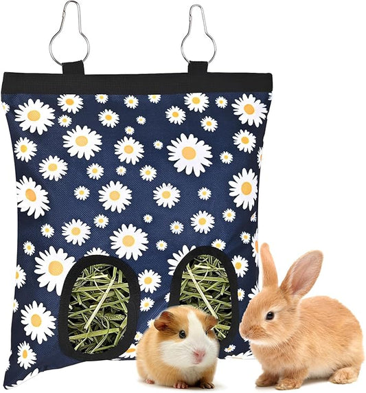 Upgraded Rabbits Hay Feeder Bag for Bunny, Guinea Pigs, Chinchillas - Hanging Washable 2-Hole Hay Dispenser with 600D Oxford Fabric, Small Animal Cage Accessories (Blue Daisy)