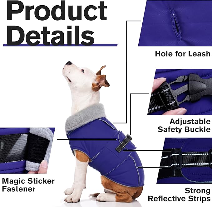 Lelepet Warm Dog Coat Reflective Fleece Vest Waterproof Dog Jacket with Adjustable Buckle Hook & Loop Windproof Cold Weather Coats for Small Medium Large Dogs, Blue, XL