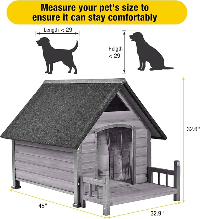 Dog House Outdoor,Dog Kennel Outside for Large Breed, Weatherproof Large Dog Shelter with Anti-Chewing Iron Frame (Grey-N, 45" D x 32.9" W x 32.6" H)