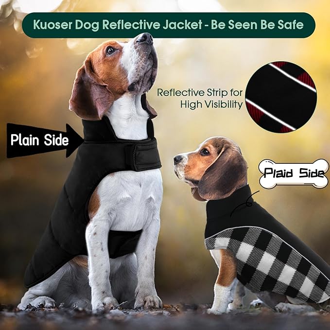 Kuoser Dog Winter Coat, Reversible Waterproof Dog Jacket with Reflective Strip, Warm Dogs Fleece Vest Adjustable Doggy Cold Weather Clothes Plaid Christmas Outfit Pet Apparel for Large Dogs, Black XL