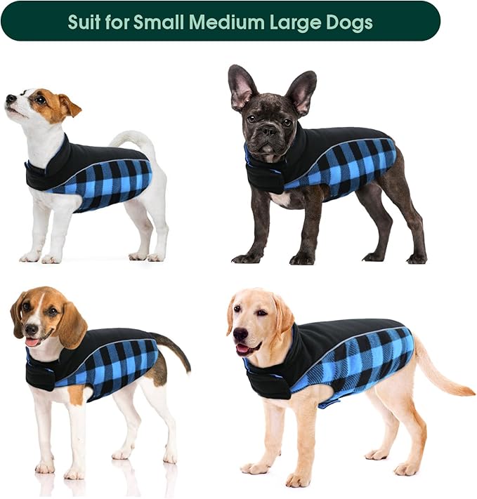 Kuoser Dog Winter Coat, Reversible Waterproof Dog Jacket with Reflective Strip, Warm Dogs Fleece Vest Adjustable Doggy Cold Weather Clothes Plaid Christmas Outfit Pet Apparel for Large Dogs, Blue L