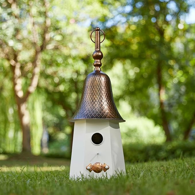 Glitzhome 24" H Metal Hanging Birdhouse for Outdoors, Farmhouse Pagoda Painted Decorative Bird House with Bell Roof for Bluebird Wren Chickadee Sparrow Bird Nest Box for Garden Patio, Washed White