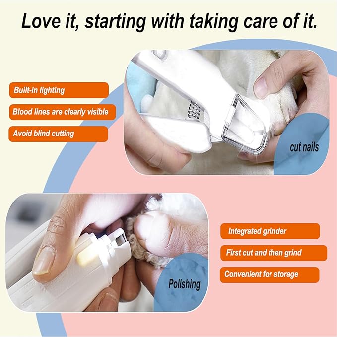 2-in-1 Dog Nail Grinder & Clipper - Ultra-Quiet USB Rechargeable Pet Nail Trimmer with LED Light, Multiple Sanding Ports, and Splash Guard for Small, Medium, & Large Dogs and Cats (White)