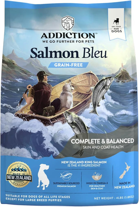 Addiction Salmon Bleu Grain-Free Dry Dog Food - Rich in Prebiotics to Support Skin, Coat & Cognitive Health - Salmon Recipe for All Dog Life Stages - Made in New Zealand 4 lb