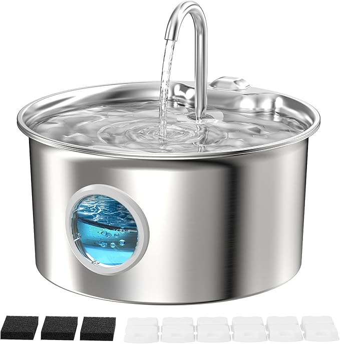 Stainless Steel Cat Water Fountain: Cat Fountain for Drinking - 88oz/2.6L Pet Water Fountain for Cats Inside- Silent Cats Water Bowl Dispenser - Kitty Drinking Fountains - 6 Filters + 3 Sponges