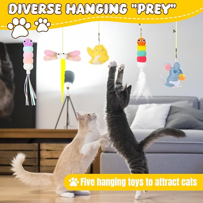 Cat Wand Toys, Adjustable Toys with Silvervine Sticks, Interactive Cat Feather Wand Toy for Indoor Cats, Elastic String Pole Toy with Bell & Feather (Extension Suspension)