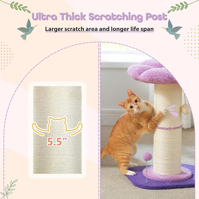 PEQULTI Flower Cat Scratching Post, Small Cat Tree, Scratcher for Indoor Cats with Super Thick Scratching Post [Dia=5.5''], Removable Flower Bed, Cat Scratch Post with Spring Ball, Purple