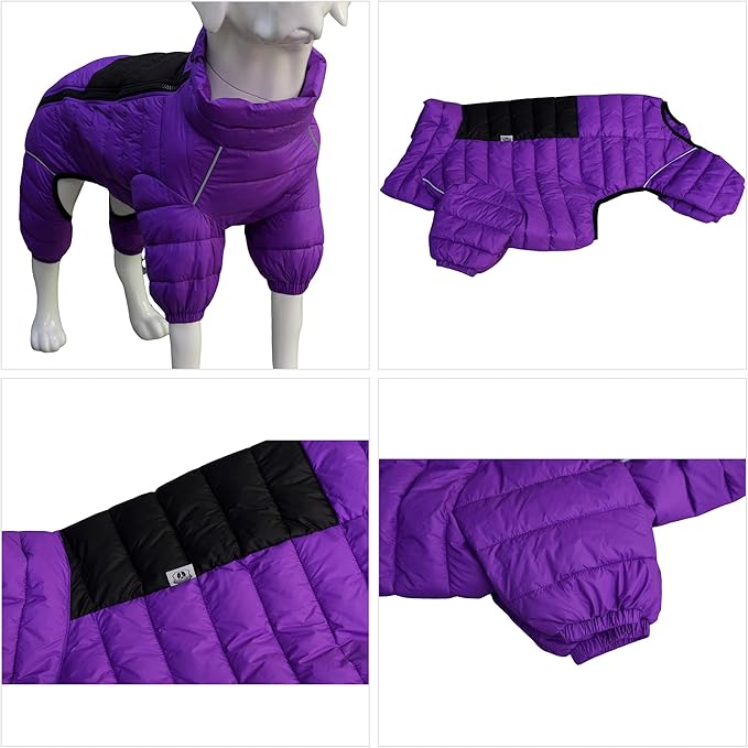 Dog Jacket 4-Leg Cover, Waterproof Windproof Reflective Warm Vest for Indoor/Outdoor, Adjustable Zippered, Medium Large Dogs, Purple
