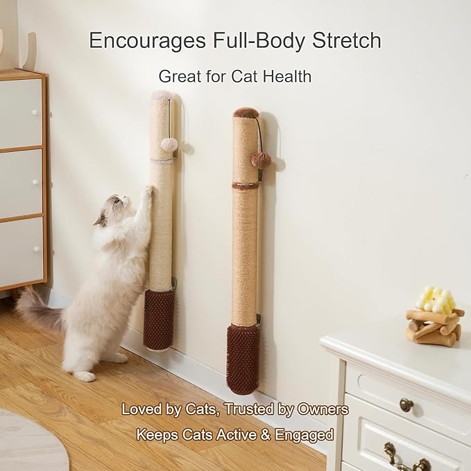 34" Wall Mounted Cat Scratcher – Extra-Tall Vertical Sisal Climber with Grooming Brush & Hanging Ball, Space-Saving Modern Cat Scratch Board, Hardware Included, Beige