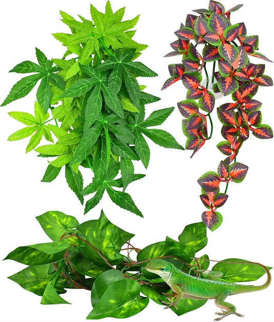 KATUMO Reptile Plants, 3 PCS Amphibian Hanging Plants with Suction Cup for Snake, Bearded Dragons, Lizards, Geckos, Toads, Hermit Crab Tank Pets Habitat Decorations