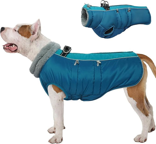 IDOMIK Warm Dog Coat with Harness Built-in, Thick Fleece Dog Winter Jacket with High Collar&Zipper, Waterproof Reflective Dogs Cold Weather Coats for Large Dogs, Pet Snow Jacket Vest(Blue,XL)