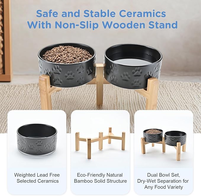 SPUNKYJUNKY Elevated Dog Bowls Ceramic, 6.1'' Dogs and Cat Food Water Bowls Raised with Non-Slip Bamboo Stand for Medium Sized Breed Microwave Dishwasher Safe - 28.7 OZ,Paw Black