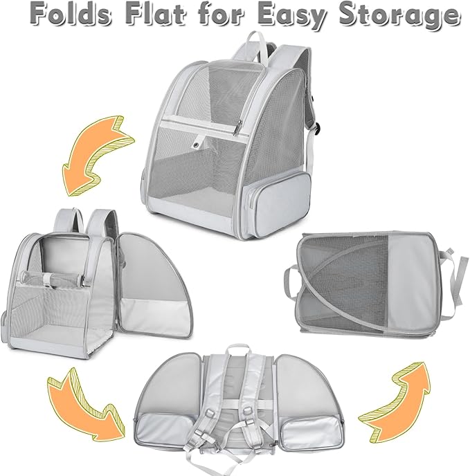 Cat Backpack Carrier, Large Pet Backpack with Kitten Wand Feather Toy for Medium Small Dog Cat Puppy Kitty Bunny up to 15lbs, Ventilated Mesh Dog Travel Carrier for Hiking Walking Outdoor Use (Grey)