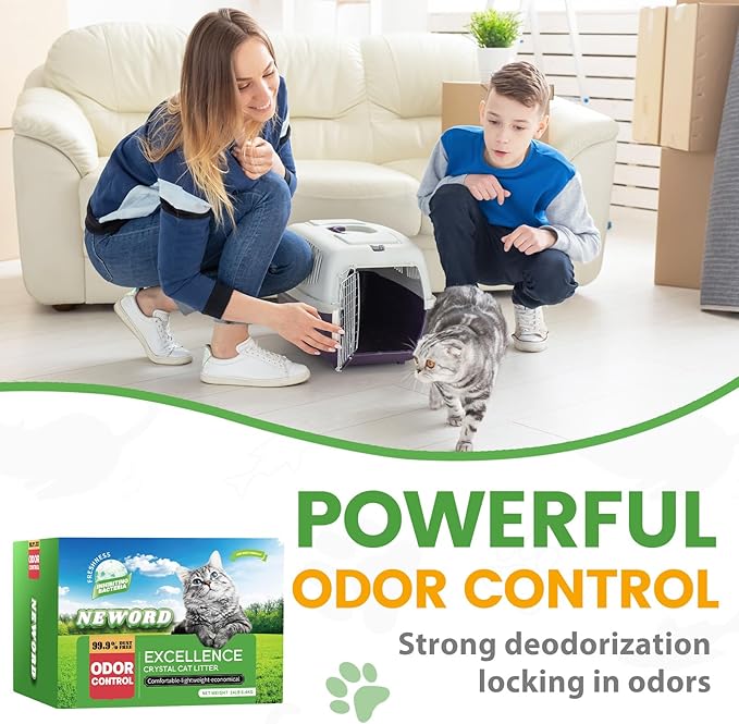 NEWORD Crystals Cat Litter Superior Odor Control 14 lbs Total (2 Pack of 7lb Bags) Soft-On-Paws Low Tracking Dust-Free Green Silica Gel, Aloe Vera Fragrance