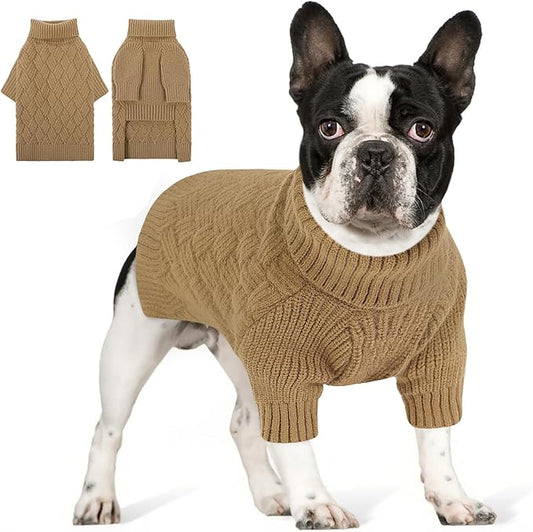 AOFITEE Small Dog Sweater, Dog Sweaters for Small Dogs Male, Thick Dogs Winter Sweatshirt Girl Boy, Pet Halloween Sweater, Classic Cable Turtleneck Holiday Knitwear for Pug Dachshund (Brown, S)