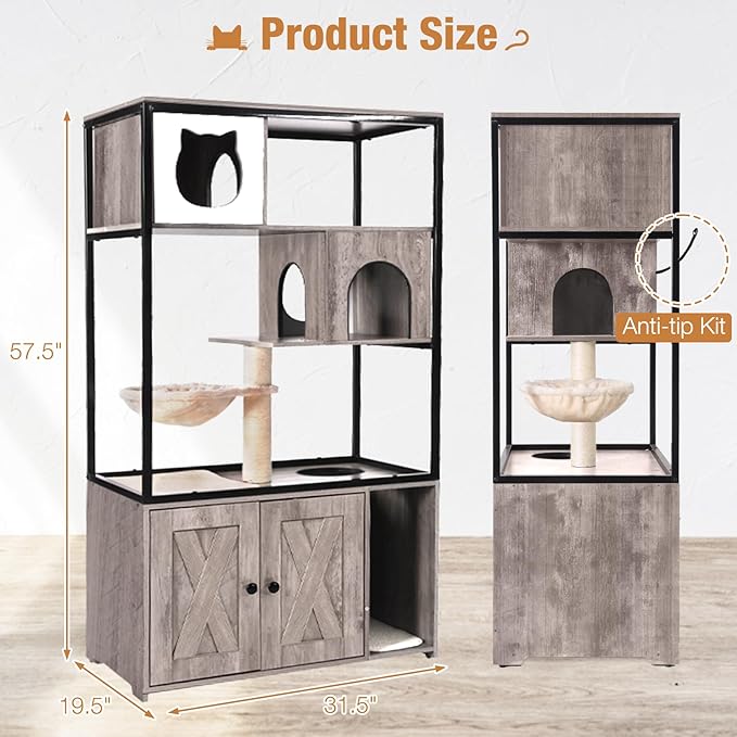 Cat Litter Box Enclosure, Wooden Cat Tree with Hidden Litter Box Enclosure, Indoor Cat House with Condo, Hammock Scratching Mat and Storage Shelves (Grey, Large)