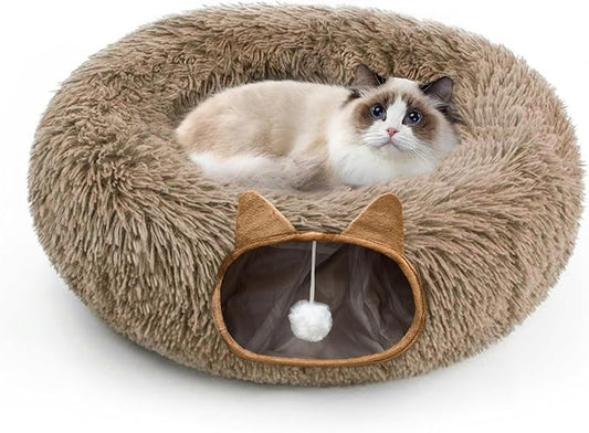Cat Tunnel Bed for Indoor Cats, Soft Plush Donut Peekaboo Cat Cave, Multifunctional Playground Toy for Small Medium Large Cats, Kittens, Rabbits, Ferrets, with Washable Cushion (Brown)
