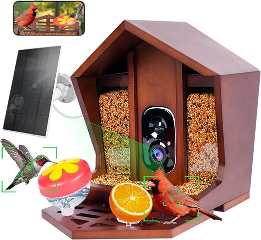 Smart Bird Feeder with Camera Solar Powered AI Identification 10,000+ Bird 2K UHD Video Live Instant Arrival Alerts and Real-Time Motion Detection Weatherproof Bamboo for Outdoor Birds Lovers