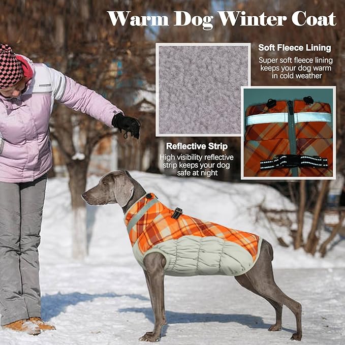 Lelepet Dog Coat Warm Dog Winter Coat Waterproof Dogs Jacket with Harness Built in Reflective Pet Fleece Vest Zip-Up Cold Weather Coats for Medium Dogs Turtleneck & Windproof Dachshund Orange Plaid M