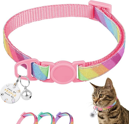 Cat Collar Breakaway with QR Code Name Tag, Glitter Kitten Collars with Bell, Cat Tags Personalized, Ultra-Durable, Comfortable, Quick Release, Fits Most Girl Boy Cats and Puppies (8"-13.5")