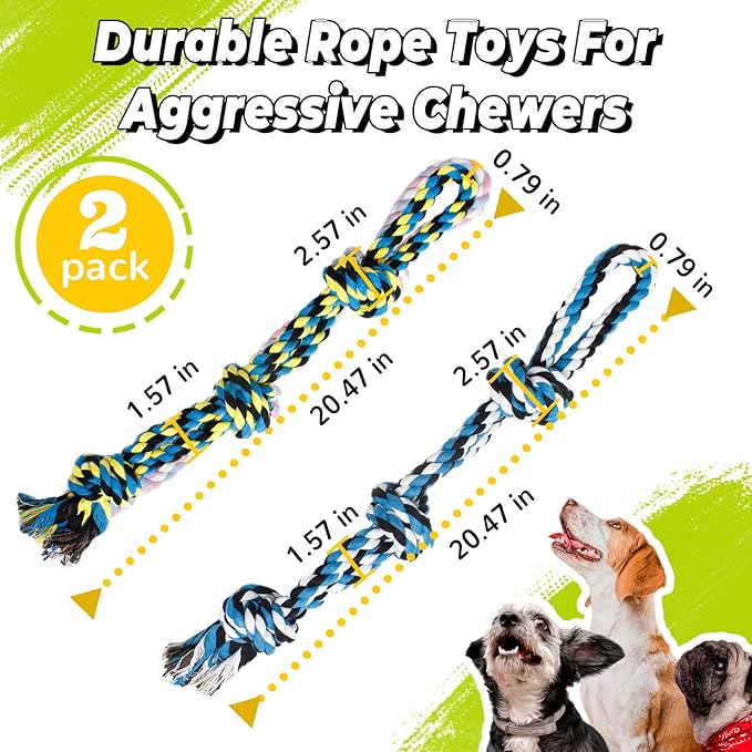 YALAVA Dog Rope Toy for Aggressive Chewers, 2 Pack 20 Inch Heavy Duty Chew Toys for Teeth Cleaning, Cotton Rope Dog Tug Toy for Medium to Large Breed