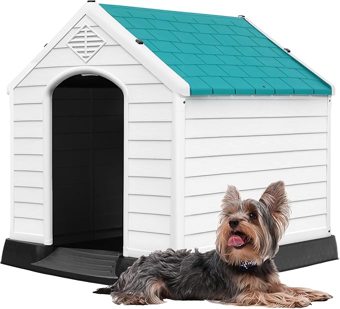 DWVO Robust Weatherproof Dog House, Indoor & Outdoor Safe Haven for Small to Medium Dogs, Easy Assembly & Cleaning (28.5''L*26''W*28''H, Blue)
