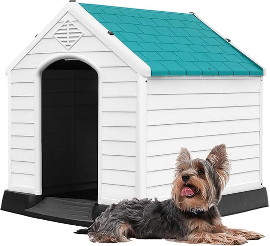 DWVO Robust Weatherproof Dog House, Indoor & Outdoor Safe Haven for Small to Medium Dogs, Easy Assembly & Cleaning (28.5''L*26''W*28''H, Blue)