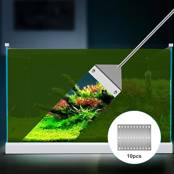 25" Glass Aquariums Algae Scraper - Durable Stainless Steel, Powerfully Remove Stubborn Algae, Professional Fish Tank Cleaner Tools, Includes Sheath, Long Tweezers & 10 Replaceable Blades