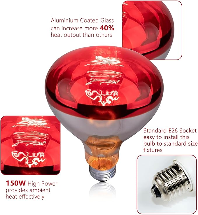 150W R40 Infrared Heat Lamp Bulb for Chicken Brooder, Pets, Reptiles, Bathroom & Sauna, E26 120V, 2000Hrs Red Light Therapy, 1-Pack