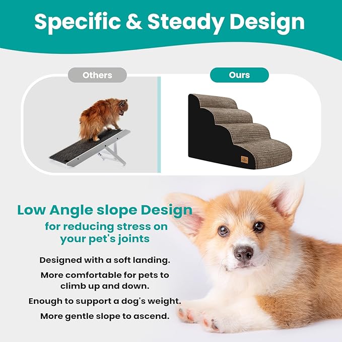 Dog Srairs for Small Dogs, 4-Step Dog Ramp for High Beds and Couch, Foam Dog Stairs with Durable Non-Slip Waterproof Fabric Cover, Brown Pet Stairs for Pets Joint