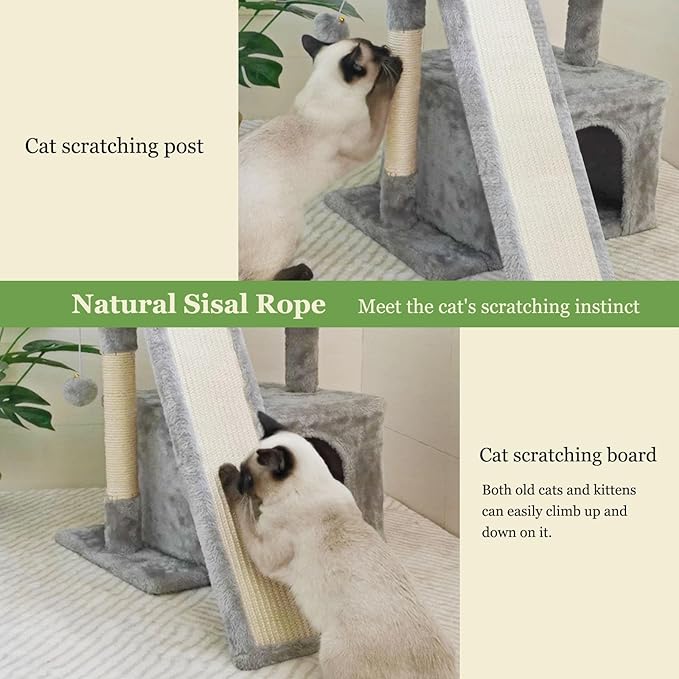 Small Cat Tree for Indoor Cats，Cat Tower with Scratching Post and Board，Cat House with Perch for Kitten, Stable Condo and Stand (Light Grey)