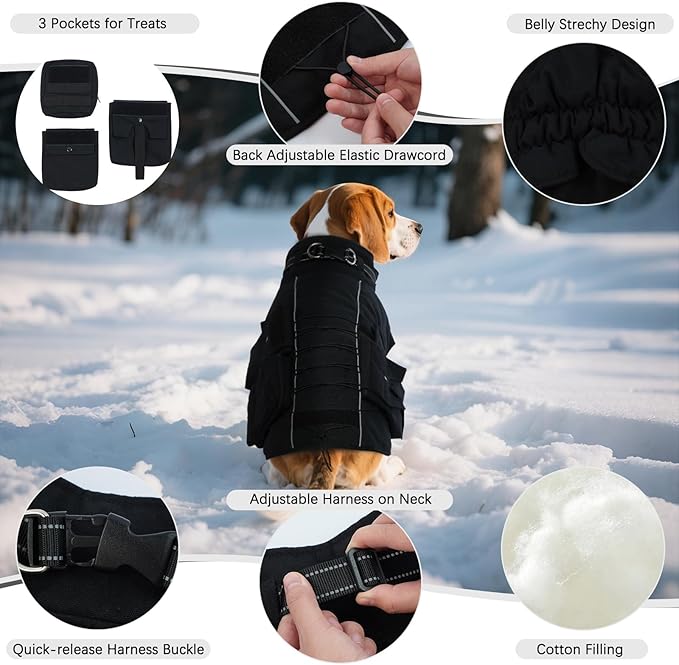Dora Bridal Dog Winter Coat with Harness Built in, Warm Windproof Reflective Dogs Jacket for Extra Large Dogs, Pet Vest with Molle Panels and 3 Pouches for Male Dog, Black, 3XL