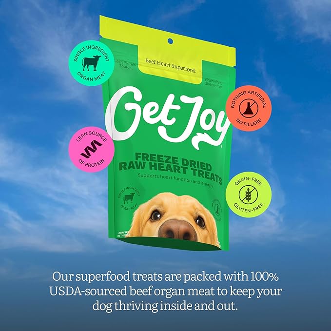 Get Joy Freeze Dried Superfood 100% Beef Heart Dog Treats, 4 Ounce Bag (Pack of 3), Single Ingredient Organ Meat, High Protein, Heart Health, Energy, Grain Free, Gluten Free, Made in USA