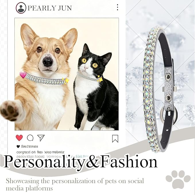 PEARLY JUN Rhinestone Dog Collars for Small Dogs Cat, XS Silver AB Bling Diamond Cat Collar Cute Luxury Crystal Pet Puppy