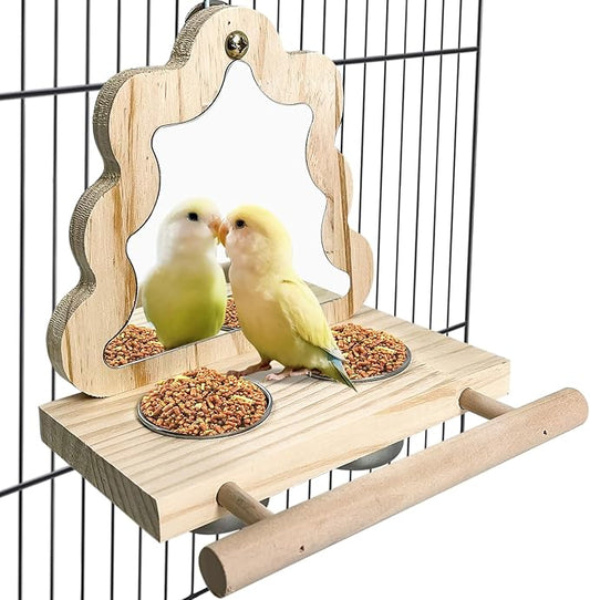Tfwadmx Bird Parrot Wooden Feeding Cups Small Bird Feeding Dish Cups Stainless Steel Birds Bowls Food Water Bowls with Bird Food Holder for Cockatiel Parakeet Macaw Finches Lovebirds