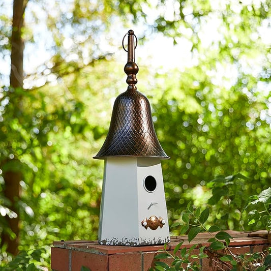 Glitzhome 24" H Metal Hanging Birdhouse for Outdoors, Farmhouse Pagoda Painted Decorative Bird House with Bell Roof for Bluebird Wren Chickadee Sparrow Bird Nest Box for Garden Patio, Washed White