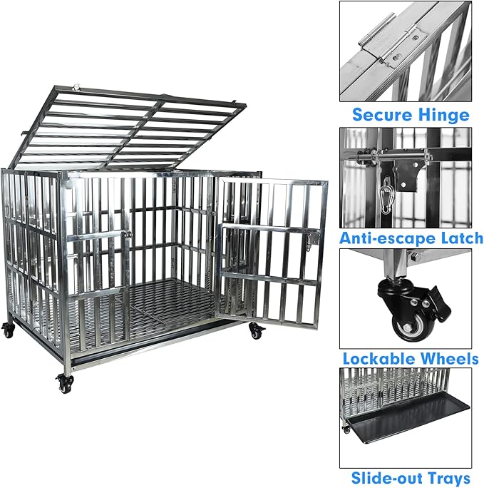 37" Stainless Steel Dog Crate Pet Kennel Foldable Dog Kennels Dog Cage Pet Playpen with Lockable Wheel, Tray for Small and Medium Dogs