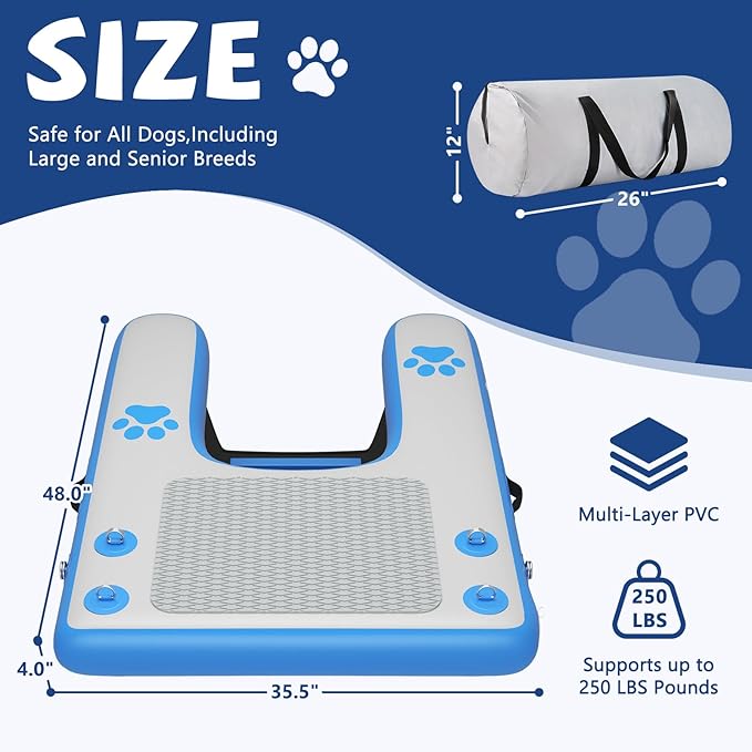 Dog Boat Ramp - Inflatable Dog Pool Ramp for Boat (40" x 35.5"), Non-Slip Water Ladder for Dock, for Pets Up to 250 lbs, Easy Access from Swim Platform, Pool or Floating Docks for Lakes, Blue