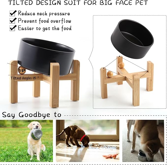 Petygooing Black Elevated/Raised 15° Slanted Ceramic Dog Bowl for Large and Medium Breeds, Pet Anti Slip Feeding Bowl,Food Water Dish with Stand for Large and Medium Dogs (60 OZ / 7.6 Cup)