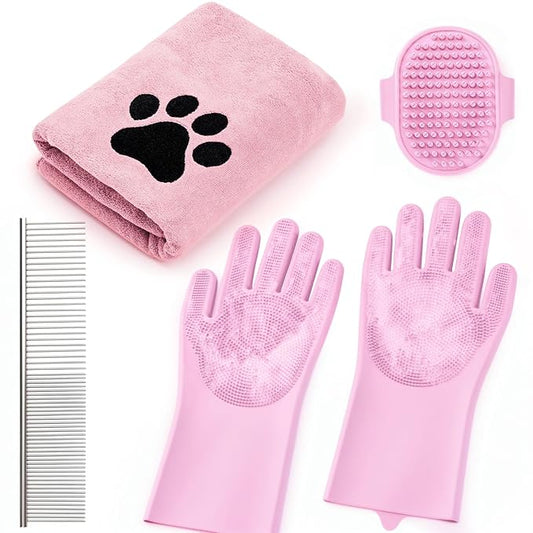 Pet Shower & Bath Supplies，Dog Shampoo Brush Set with Towel, Washing Gloves,Comb for Dogs and Cats (Pink)