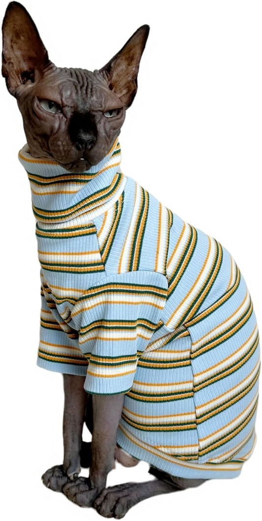 Turtle Neck Vintage Stripes Sphynx Hairless Cat Cotton T-Shirts Pet Clothes Vest Kitten Shirts Sleeveless, Cats & Small Dogs Apparel (Light Blue,M (5-6.5 lbs))