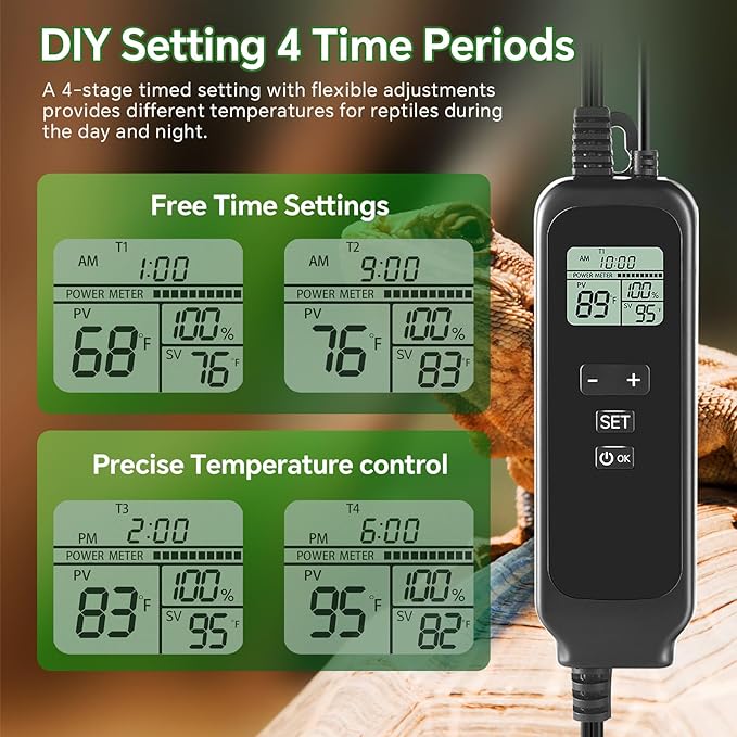 5.5 inch Reptile Heat Lamp Fixture with Thermostat and Timer,Reptile Light Fixture with 100W Ceramic Heat Emitter, PID Temperature Controller for UVB Lights, Basking Bulbs and Terrariums